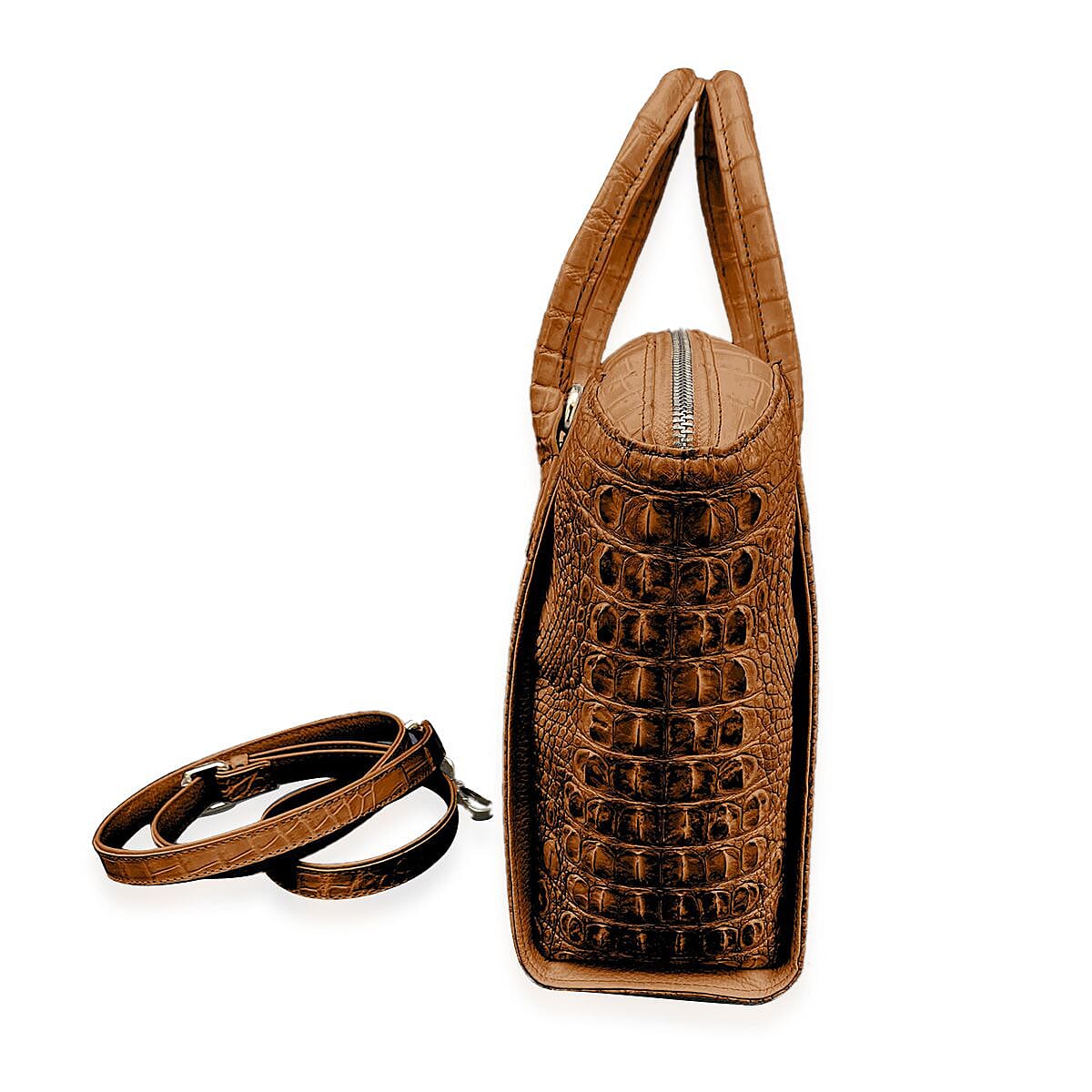 Grand Pelle Genuine Crocodile Leather Light Brown Tote Bag with Woven Strap