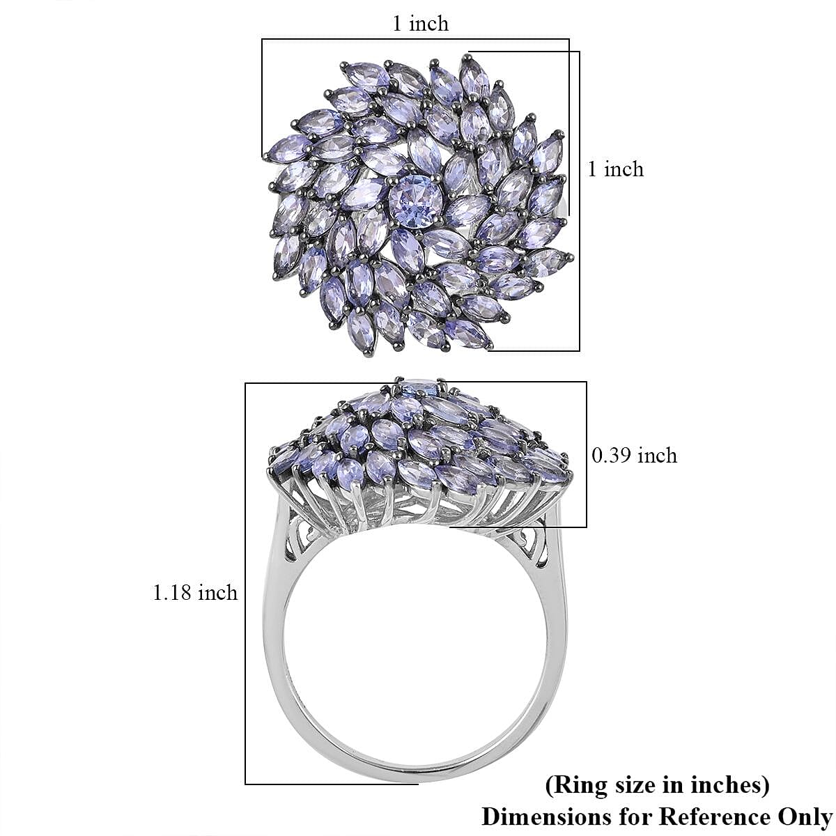 Tanzanite Cluster Ring in Platinum Over Sterling Silver (Size 10.0) 4.85 ctw