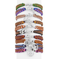 Set of 10 Multi Color Leather Friendship Bracelets with Charms (Adjustable)