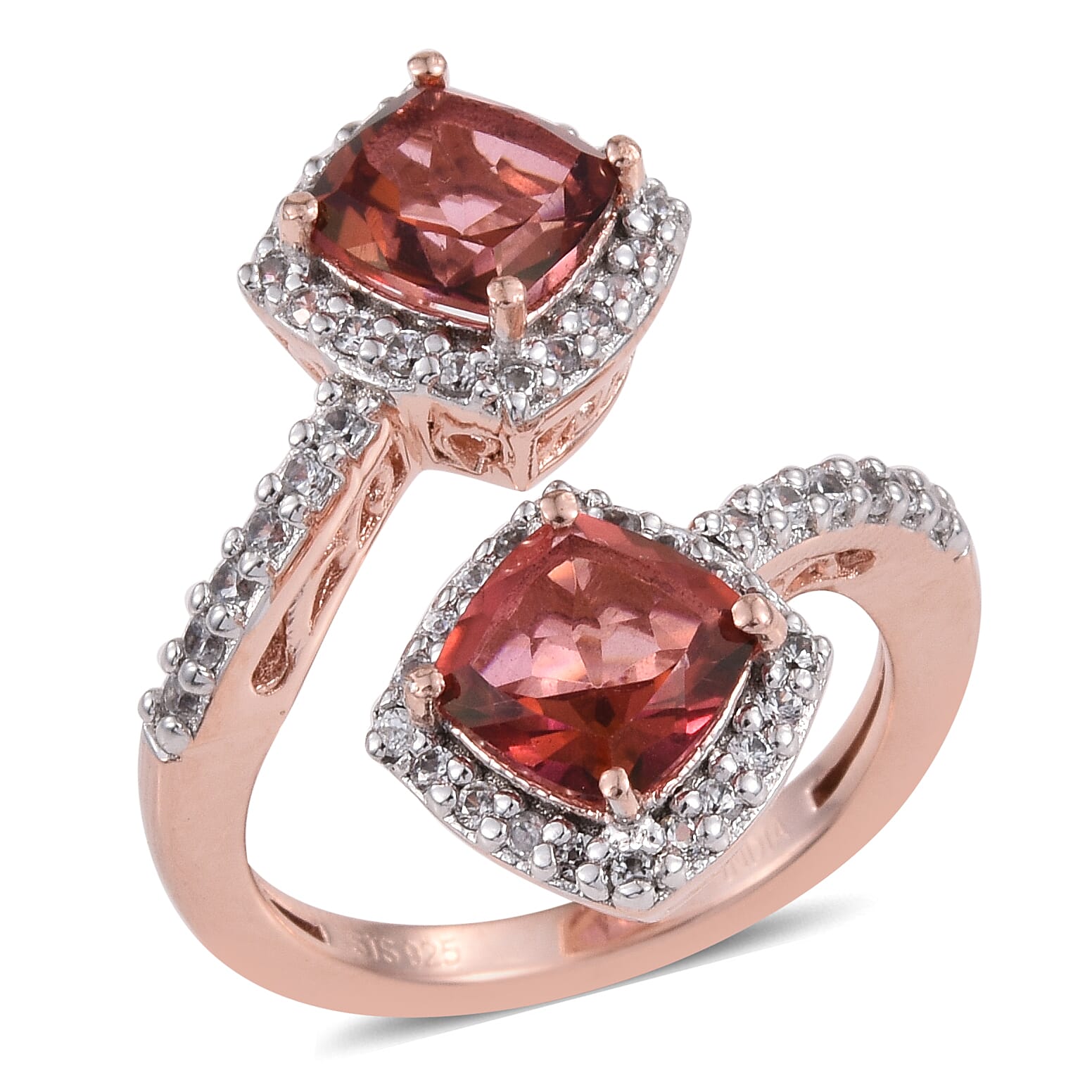 Salmon Sorbet Quartz, Zircon Ring in 14K RG Over Sterling Silver (Size 10.0) 7.16 ctw (1)