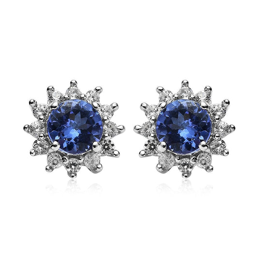 Tanzanite Earrings with Natural Zircon Flower Stud Earrings for Women in Platinum Over Sterling Silver, Wedding Gift for Her 1.00 ctw