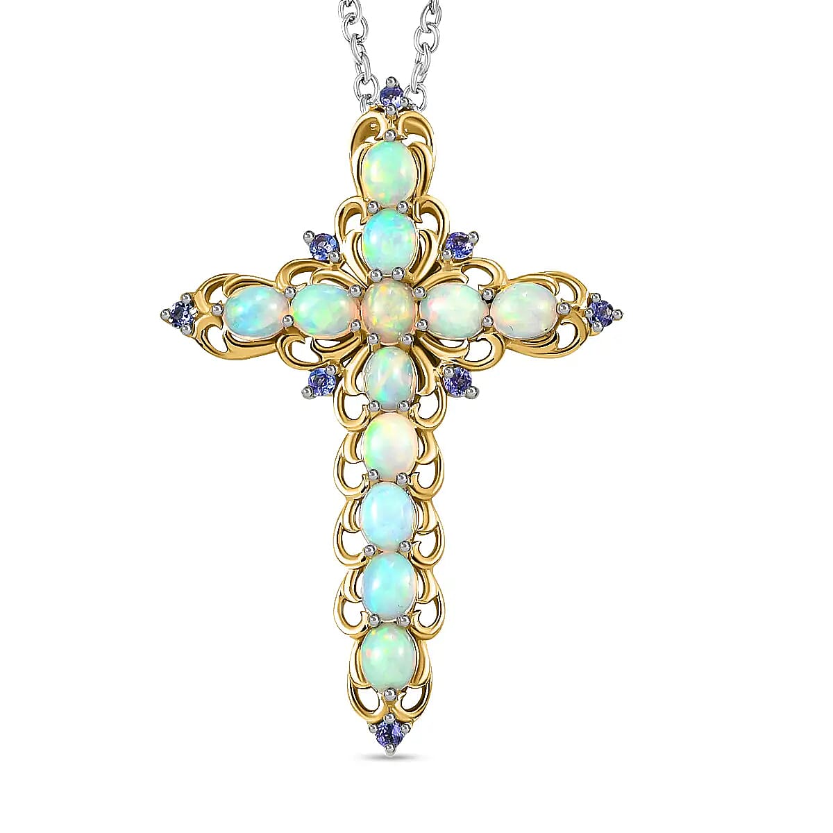 Premium Ethiopian Welo Opal 3.15 ctw Cross Pendant Necklace, Tanzanite Accent Cross Pendant Necklace, Vermeil YG and Platinum Over Sterling Silver Necklace, 20 Inch Necklace