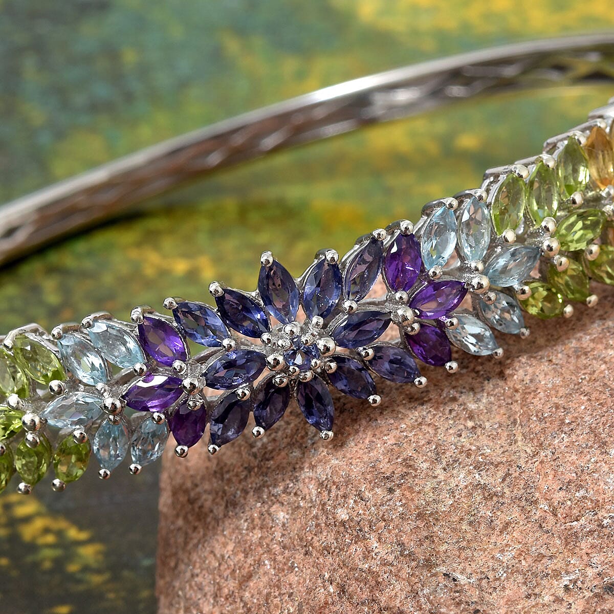 Multi Gemstone Bangle Bracelet in Platinum Over Sterling Silver 7.25 Inch 11.40 ctw