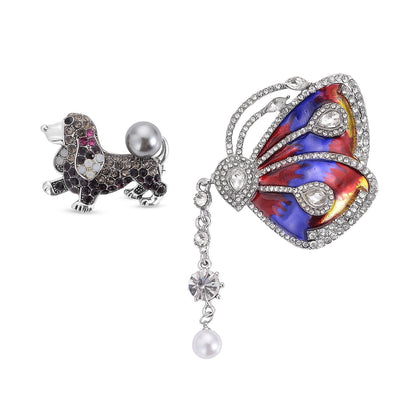 Set of 2 Chroma Pearl, Multi Gemstone, Enameled Dog & Butterfly Brooch in Silvertone