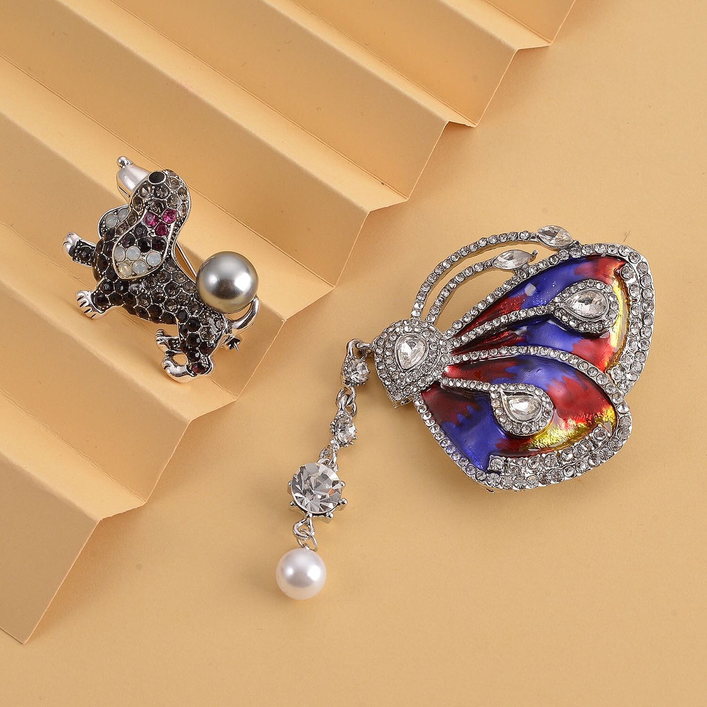 Set of 2 Chroma Pearl, Multi Gemstone, Enameled Dog & Butterfly Brooch in Silvertone