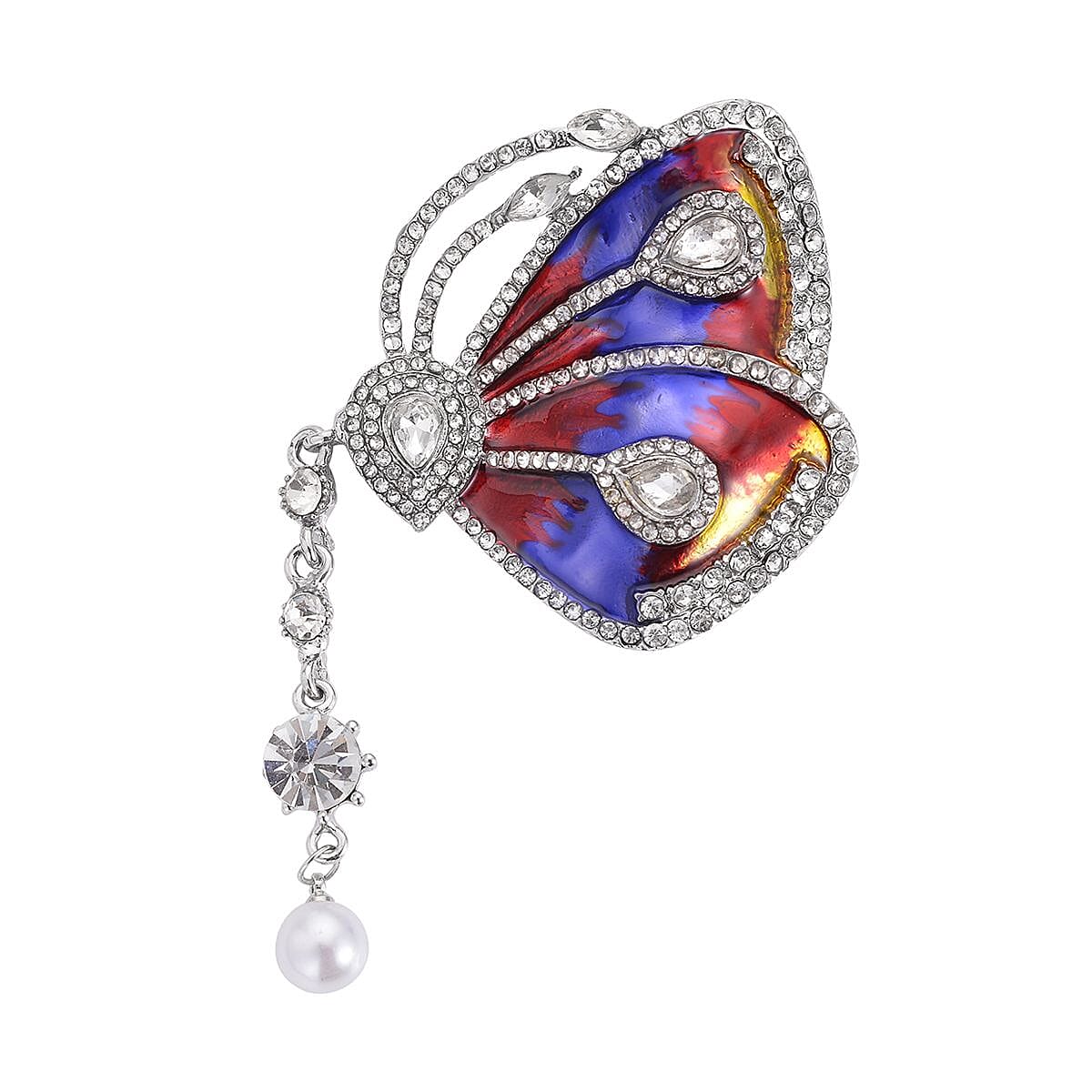 Set of 2 Chroma Pearl, Multi Gemstone, Enameled Dog & Butterfly Brooch in Silvertone