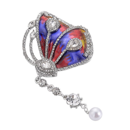 Set of 2 Chroma Pearl, Multi Gemstone, Enameled Dog & Butterfly Brooch in Silvertone