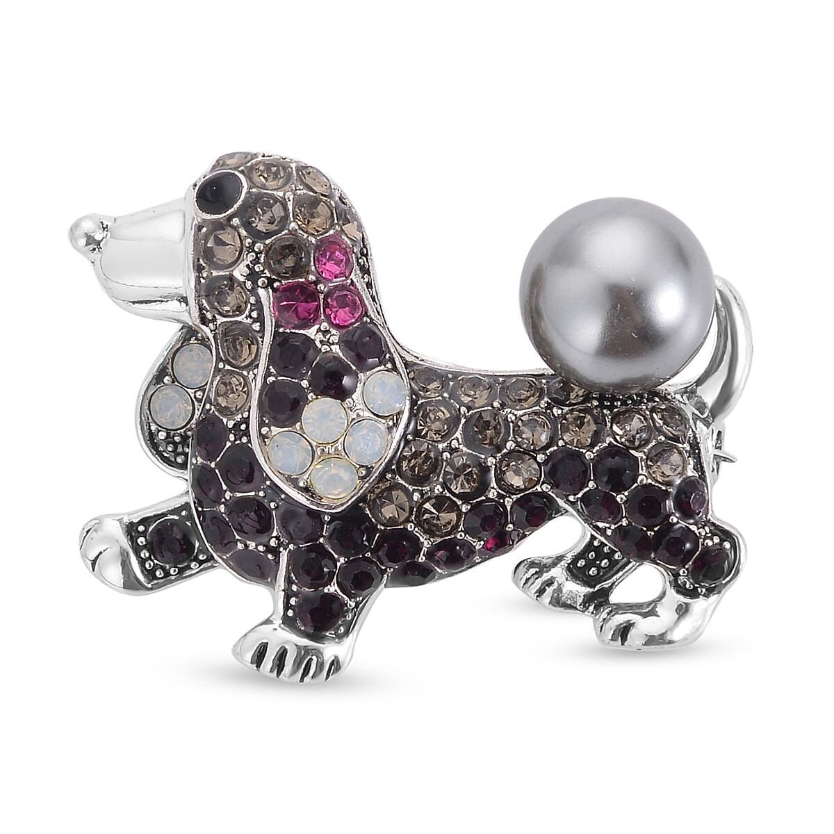 Set of 2 Chroma Pearl, Multi Gemstone, Enameled Dog & Butterfly Brooch in Silvertone