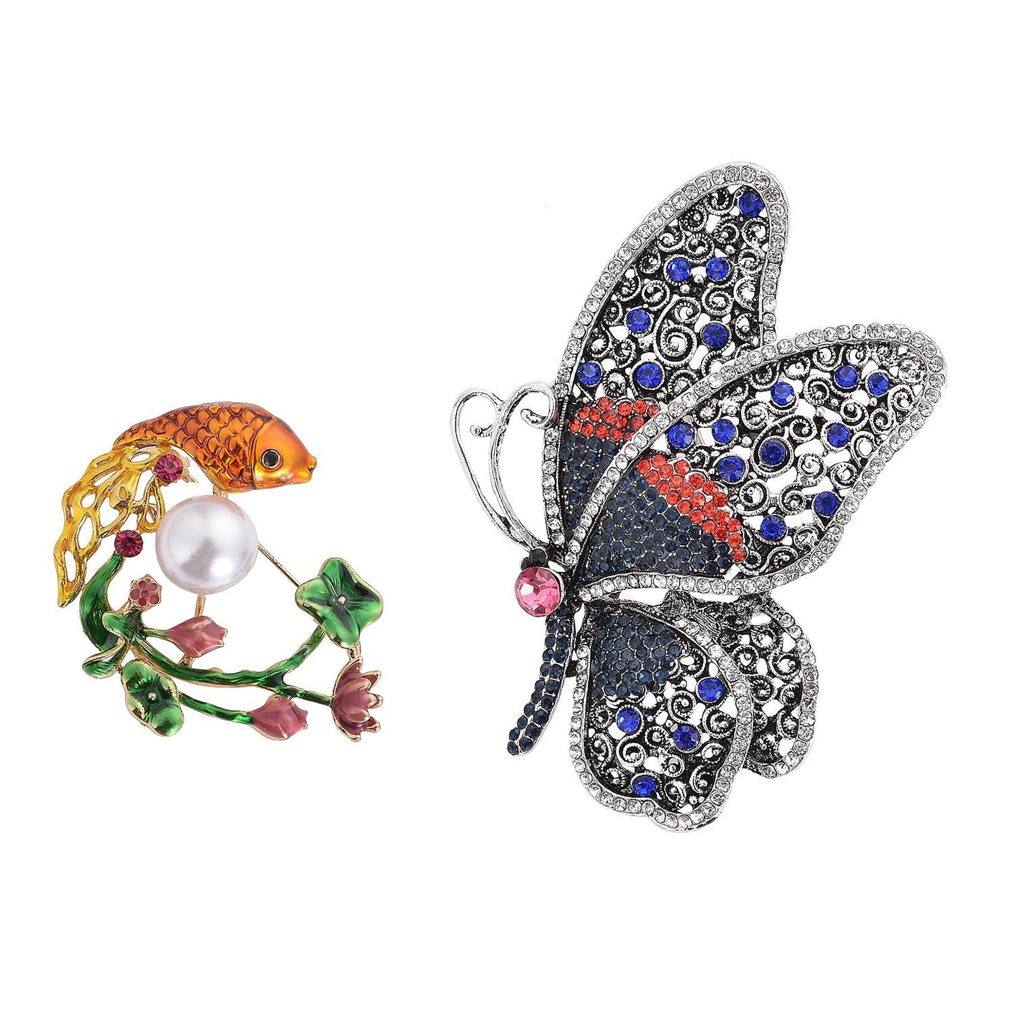 Set of 2 Chroma Pearl, Multi Gemstone, Enameled Dog & Butterfly Brooch in Silvertone