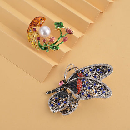 Set of 2 Chroma Pearl, Multi Gemstone, Enameled Dog & Butterfly Brooch in Silvertone
