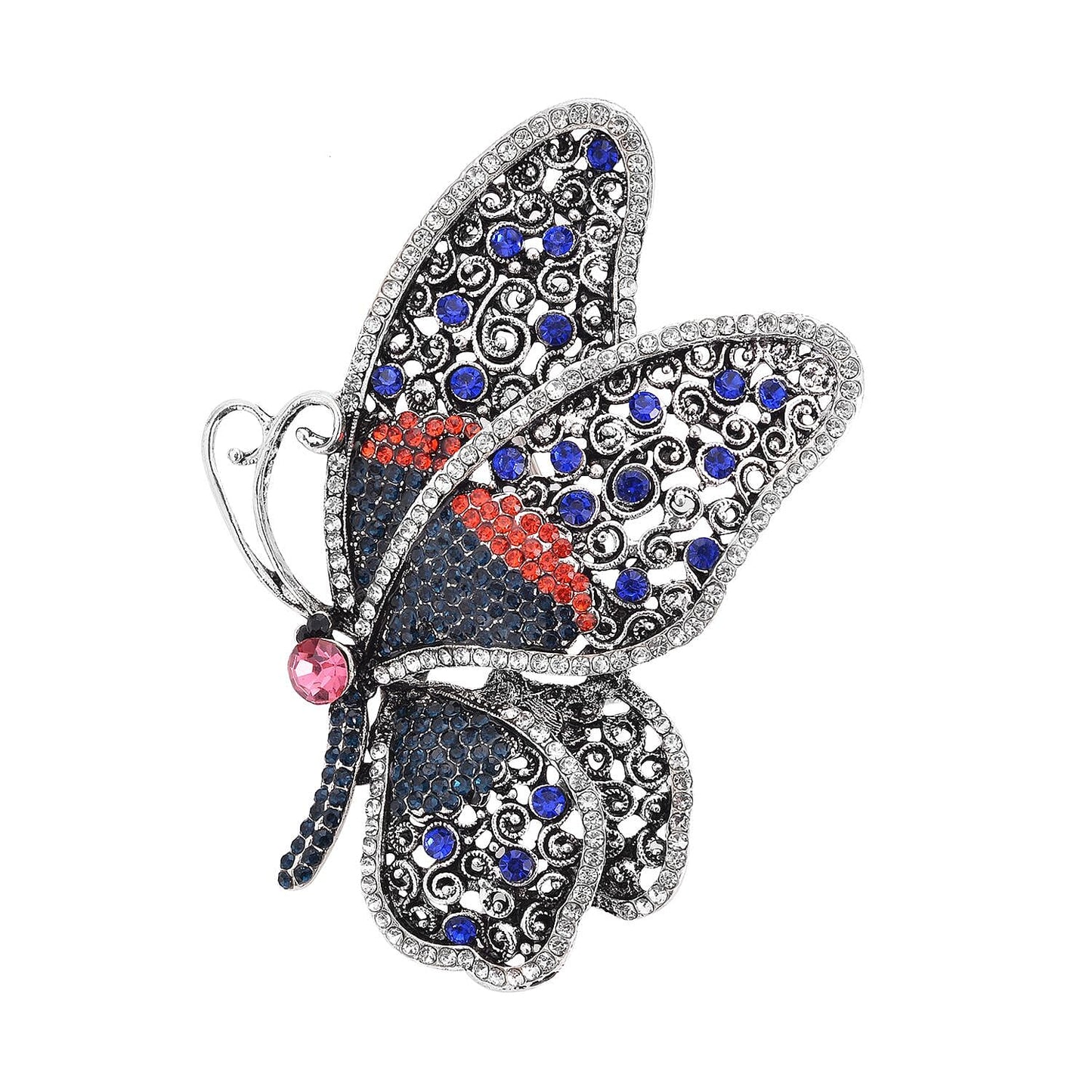 Set of 2 Chroma Pearl, Multi Gemstone, Enameled Dog & Butterfly Brooch in Silvertone