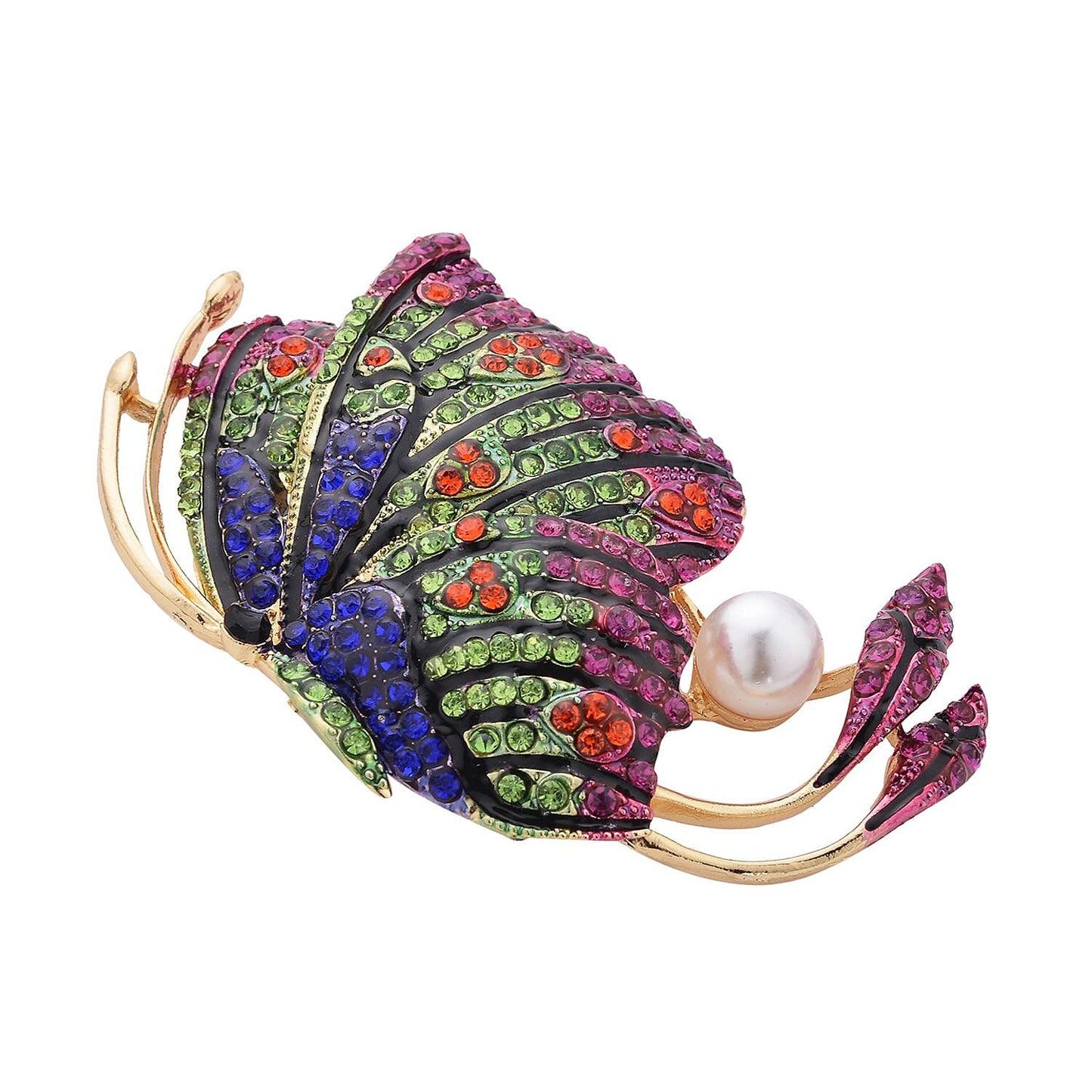 Set of 2 Chroma Pearl, Multi Gemstone, Enameled Dog & Butterfly Brooch in Silvertone