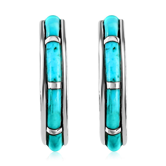 SANTA FE Style Turquoise J-Hoop Earrings for Women in Sterling Silver, Boho Western Jewelry