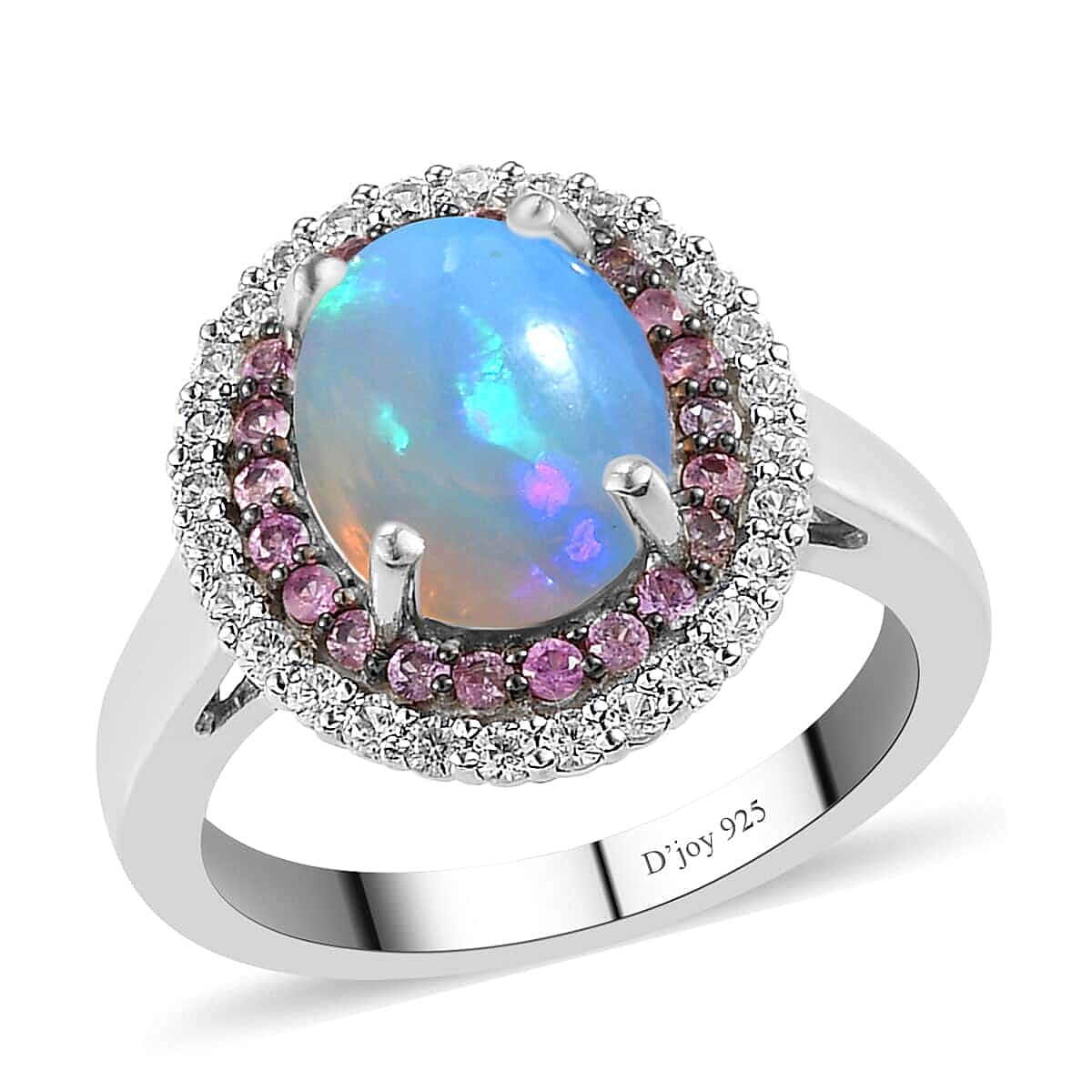 Premium Ethiopian Welo Opal and Multi Gemstone Double Halo Ring in Platinum Over Sterling Silver 3.00 ctw