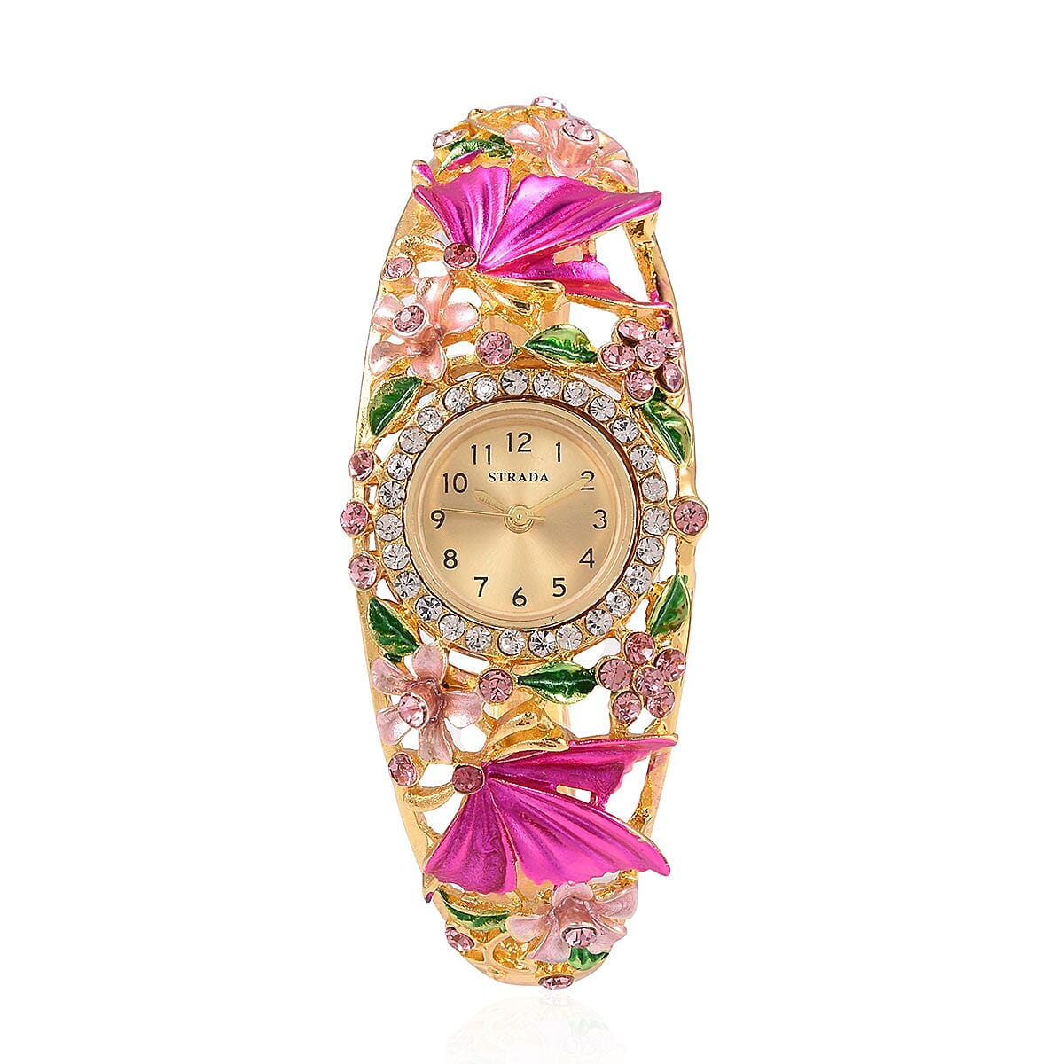Strada Japanese Movement Purple and White Crystal Floral & Butterfly Pattern Bangle Bracelet (6.5-7 In) Watch in Goldtone (24.65mm)
