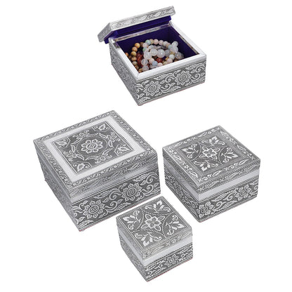Set of 3 Handcrafted Mandala Embossed Aluminum Oxidized Multi-Purpose Nested Box with Scratch Protection Interior (4.75x4.75x2.5, 3.5x3.5x2.15, 2.5x2.5x1 in)