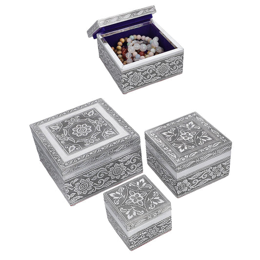Set of 3 Handcrafted Mandala Embossed Aluminum Oxidized Multi-Purpose Nested Box with Scratch Protection Interior (4.75x4.75x2.5, 3.5x3.5x2.15, 2.5x2.5x1 in)