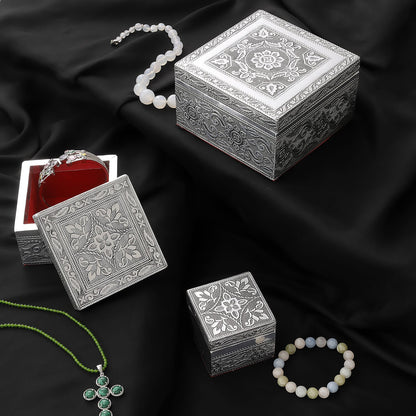 Set of 3 Handcrafted Mandala Embossed Aluminum Oxidized Multi-Purpose Nested Box with Scratch Protection Interior (4.75x4.75x2.5, 3.5x3.5x2.15, 2.5x2.5x1 in)