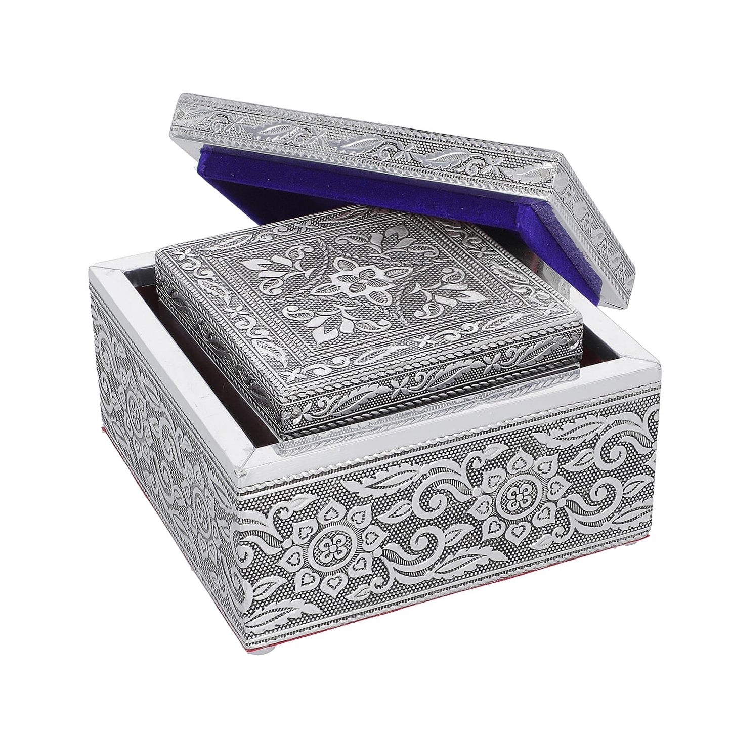 Set of 3 Handcrafted Mandala Embossed Aluminum Oxidized Multi-Purpose Nested Box with Scratch Protection Interior (4.75x4.75x2.5, 3.5x3.5x2.15, 2.5x2.5x1 in)