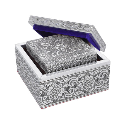 Set of 3 Handcrafted Mandala Embossed Aluminum Oxidized Multi-Purpose Nested Box with Scratch Protection Interior (4.75x4.75x2.5, 3.5x3.5x2.15, 2.5x2.5x1 in)
