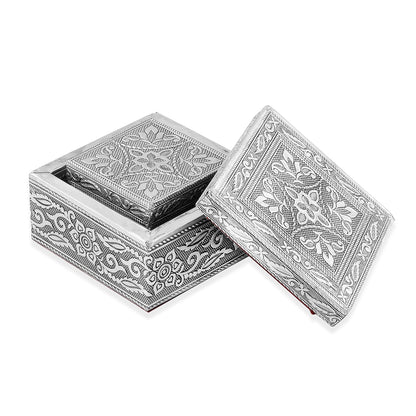 Set of 3 Handcrafted Mandala Embossed Aluminum Oxidized Multi-Purpose Nested Box with Scratch Protection Interior (4.75x4.75x2.5, 3.5x3.5x2.15, 2.5x2.5x1 in)