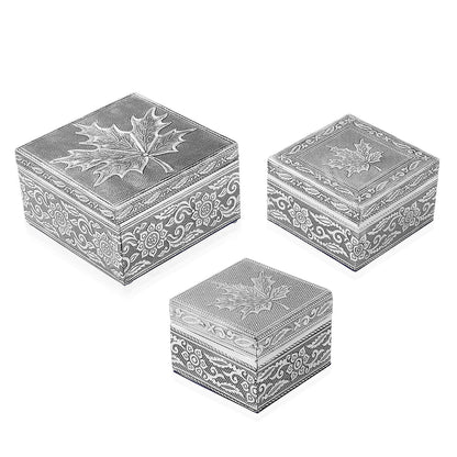 Set of 3 Handcrafted Mandala Embossed Aluminum Oxidized Multi-Purpose Nested Box with Scratch Protection Interior (4.75x4.75x2.5, 3.5x3.5x2.15, 2.5x2.5x1 in)
