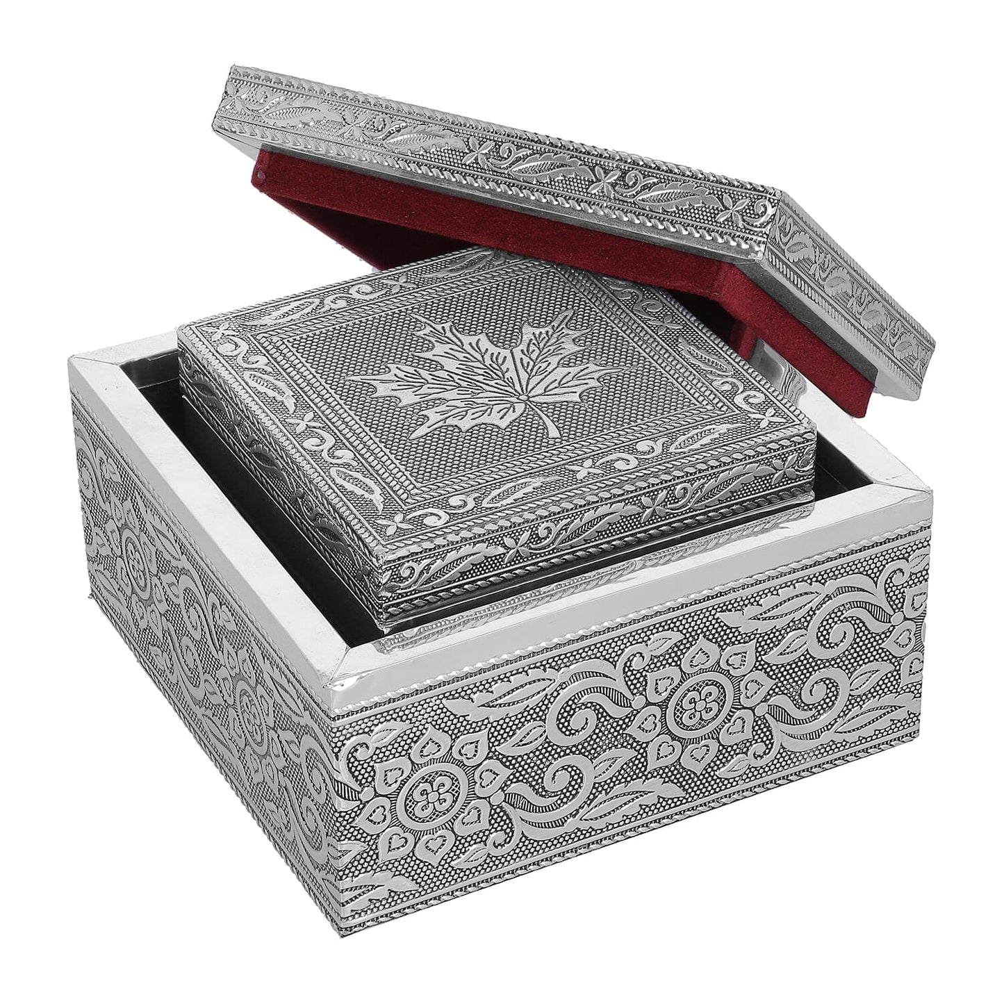 Set of 3 Handcrafted Mandala Embossed Aluminum Oxidized Multi-Purpose Nested Box with Scratch Protection Interior (4.75x4.75x2.5, 3.5x3.5x2.15, 2.5x2.5x1 in)