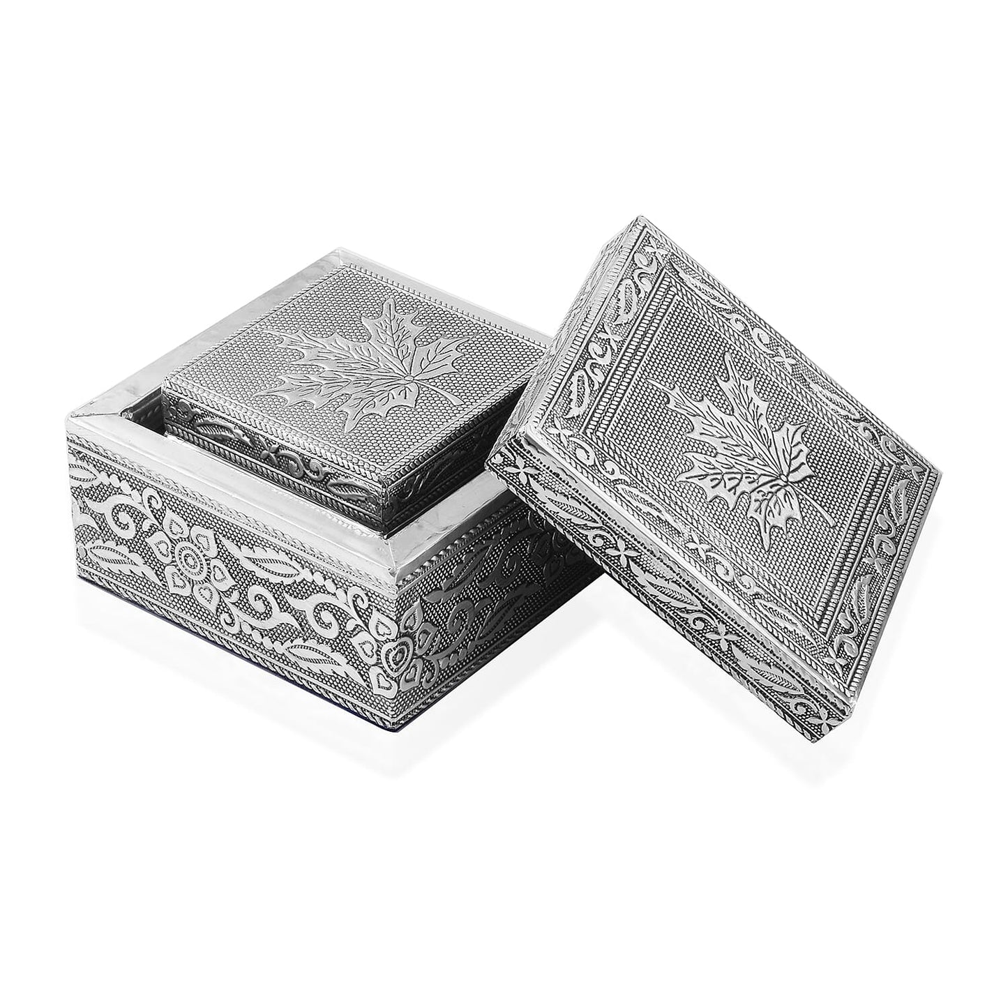 Set of 3 Handcrafted Mandala Embossed Aluminum Oxidized Multi-Purpose Nested Box with Scratch Protection Interior (4.75x4.75x2.5, 3.5x3.5x2.15, 2.5x2.5x1 in)