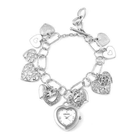 STRADA White Austrian Crystal, Enameled Japanese Movement Charm Heart Bracelet Watch in Silvertone (7.5-9 in)