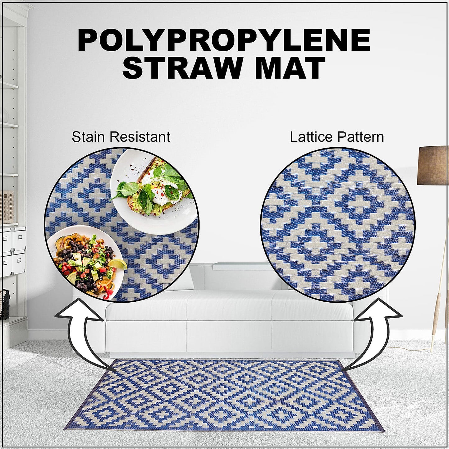 Navy, White Polypropylene Lattice Pattern Straw Mat