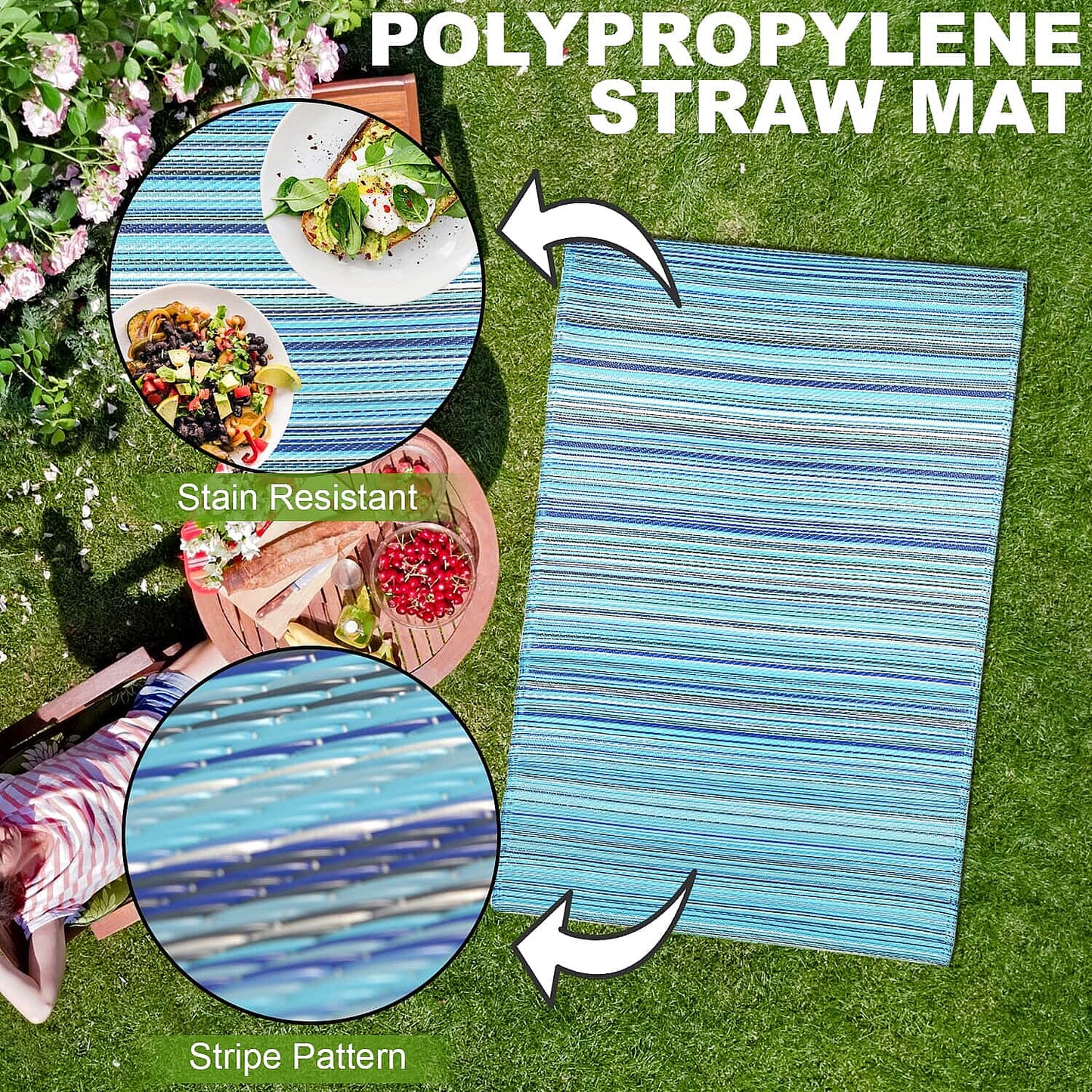 Navy, White Polypropylene Lattice Pattern Straw Mat