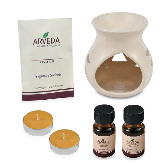 ARVEDA Lavender Fragrance Gift Set (Ceramic Aroma Oil Burner, 2x Fragrance Oils, 2 Tea Light Candles, & Fragrance Sachet)