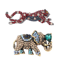 Set of 2 Simulated Green Quartz and Multi Gemstone Leopard and Elephant Brooch or Pendant Necklace 24 Inches in Dualtone