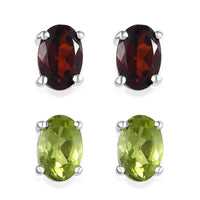 Set of 2 Mozambique Garnet and Peridot Stud Earrings in Sterling Silver 1.50 ctw