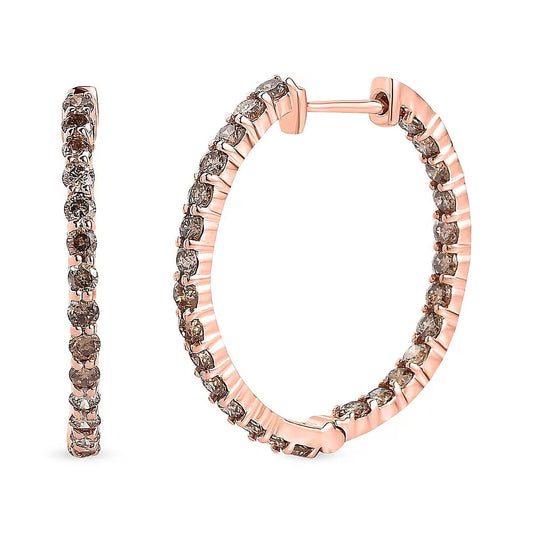 LUXORO 2.00 ctw Natural Champagne Diamond Inside Out Hoop Earrings in 10K Rose Gold 3.75 Grams