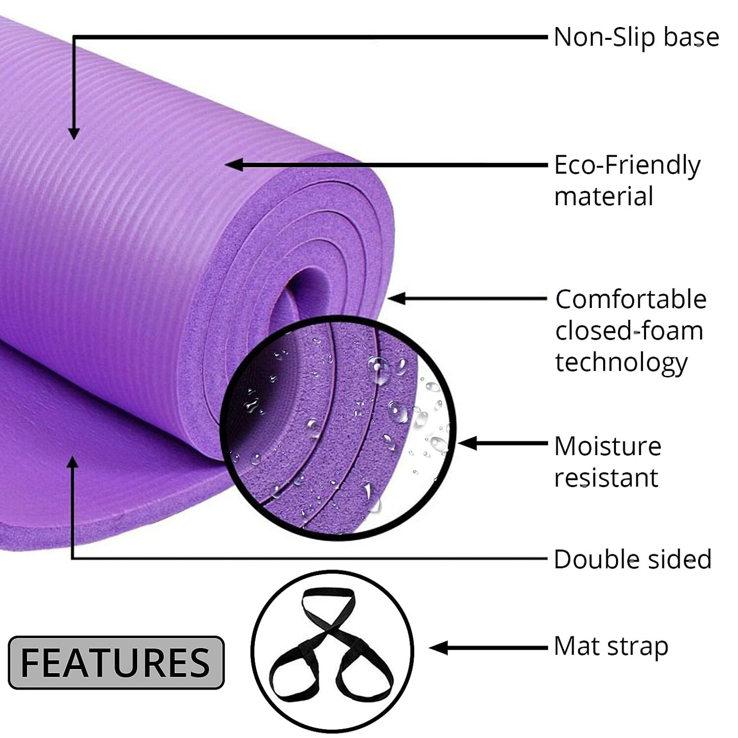 Pink Moisture Resistant NBR Yoga Mat with Strap (74.02"x24.02"x0.5")