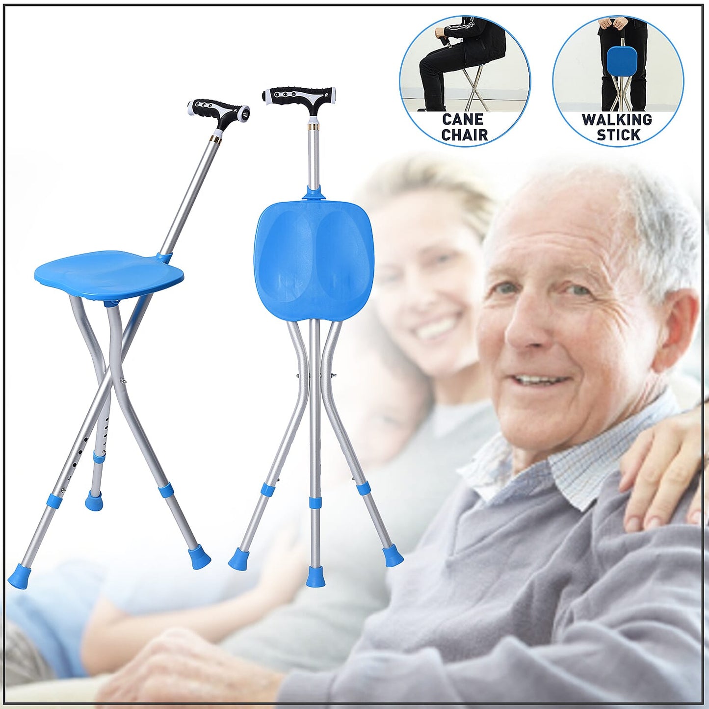 Black Adjustable Portable Folding Stool Walking Cane with LED Lamp (32.25)