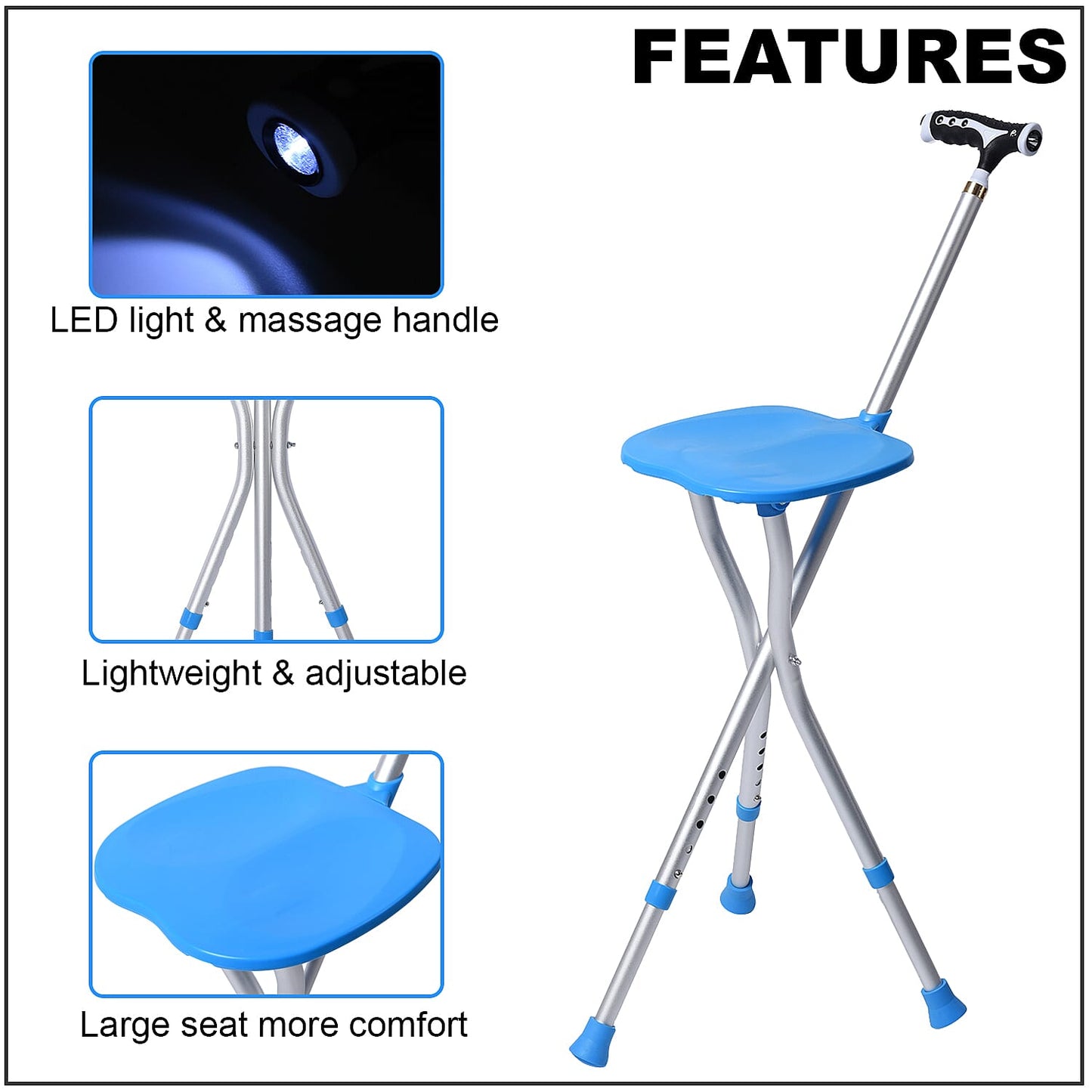 Black Adjustable Portable Folding Stool Walking Cane with LED Lamp (32.25)