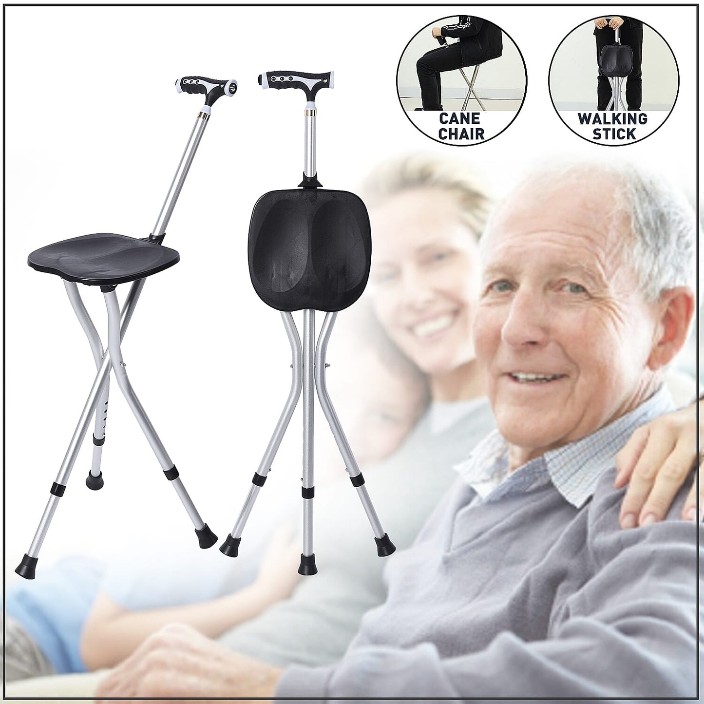 Black Adjustable Portable Folding Stool Walking Cane with LED Lamp (32.25)
