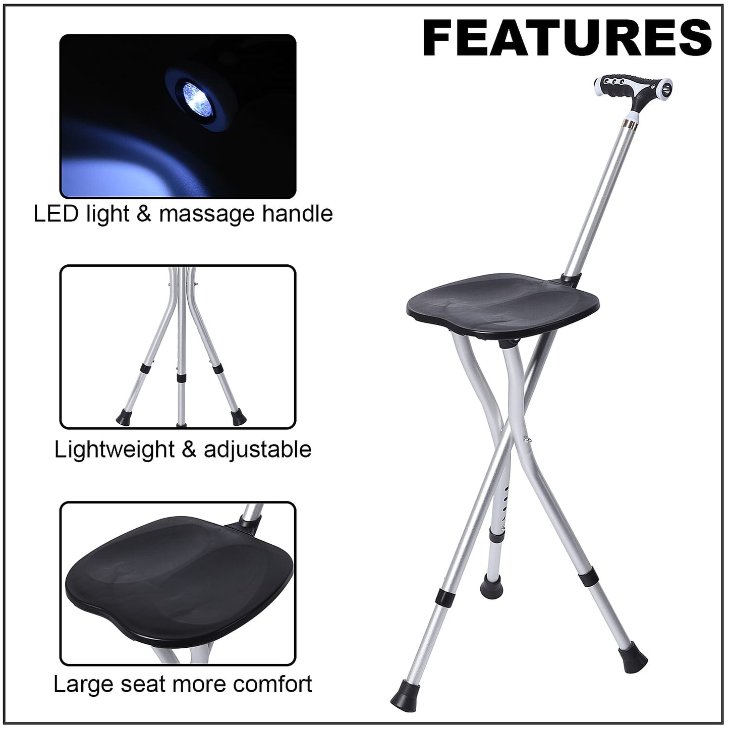 Black Adjustable Portable Folding Stool Walking Cane with LED Lamp (32.25)