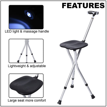 Black Adjustable Portable Folding Stool Walking Cane with LED Lamp (32.25)