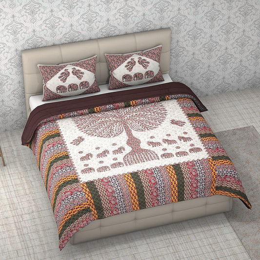 White with Multi Color Tree of Life Print 100% Cotton Hand Quilted, Hand Stitched Quilt and 2pcs Pillow Sham