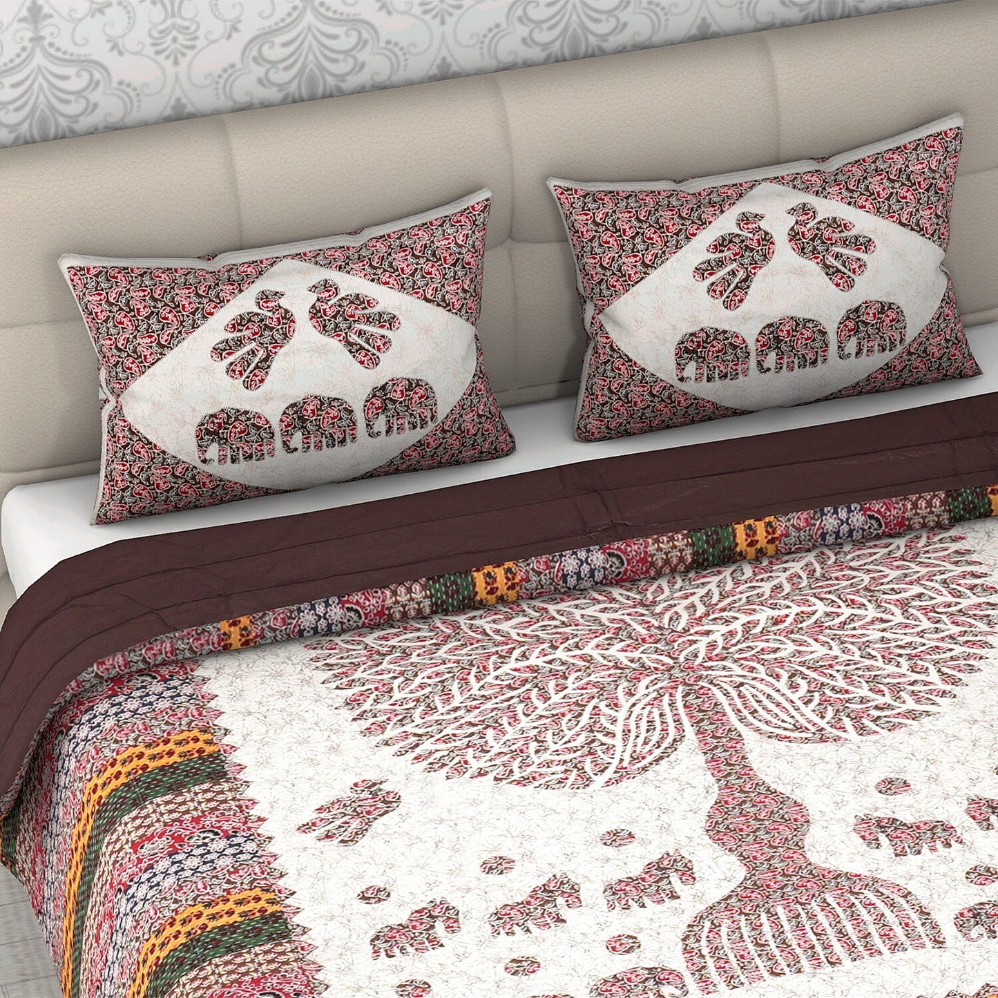 White with Multi Color Tree of Life Print 100% Cotton Hand Quilted, Hand Stitched Quilt and 2pcs Pillow Sham