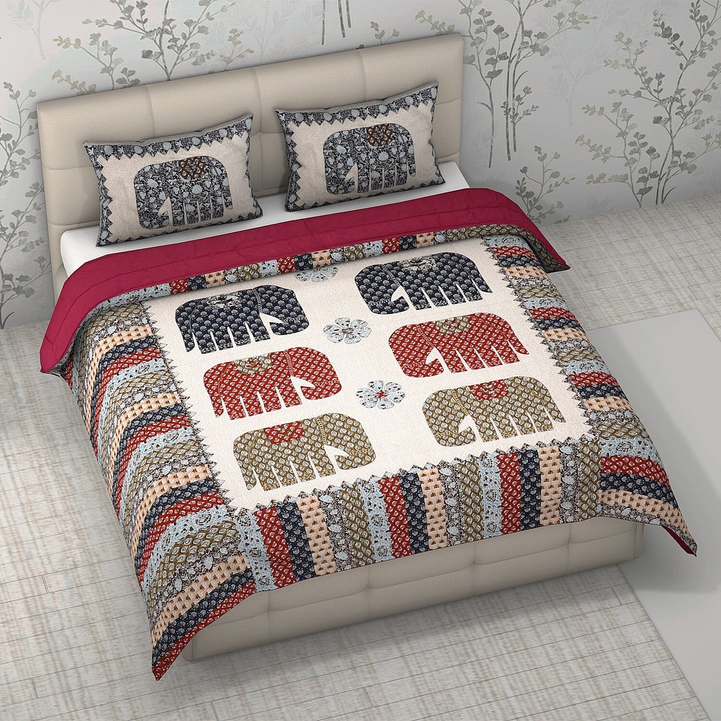 White with Multi Color Tree of Life Print 100% Cotton Hand Quilted, Hand Stitched Quilt and 2pcs Pillow Sham