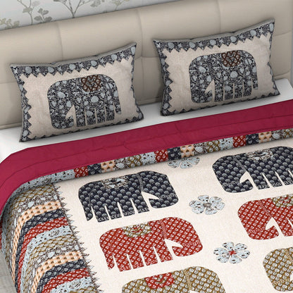 White with Multi Color Tree of Life Print 100% Cotton Hand Quilted, Hand Stitched Quilt and 2pcs Pillow Sham