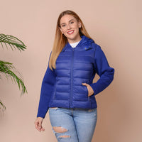 PASSAGE Black Zip-Front Hooded Puffer Jacket with Contrast Sleeves (S, Nylon and Polyester)