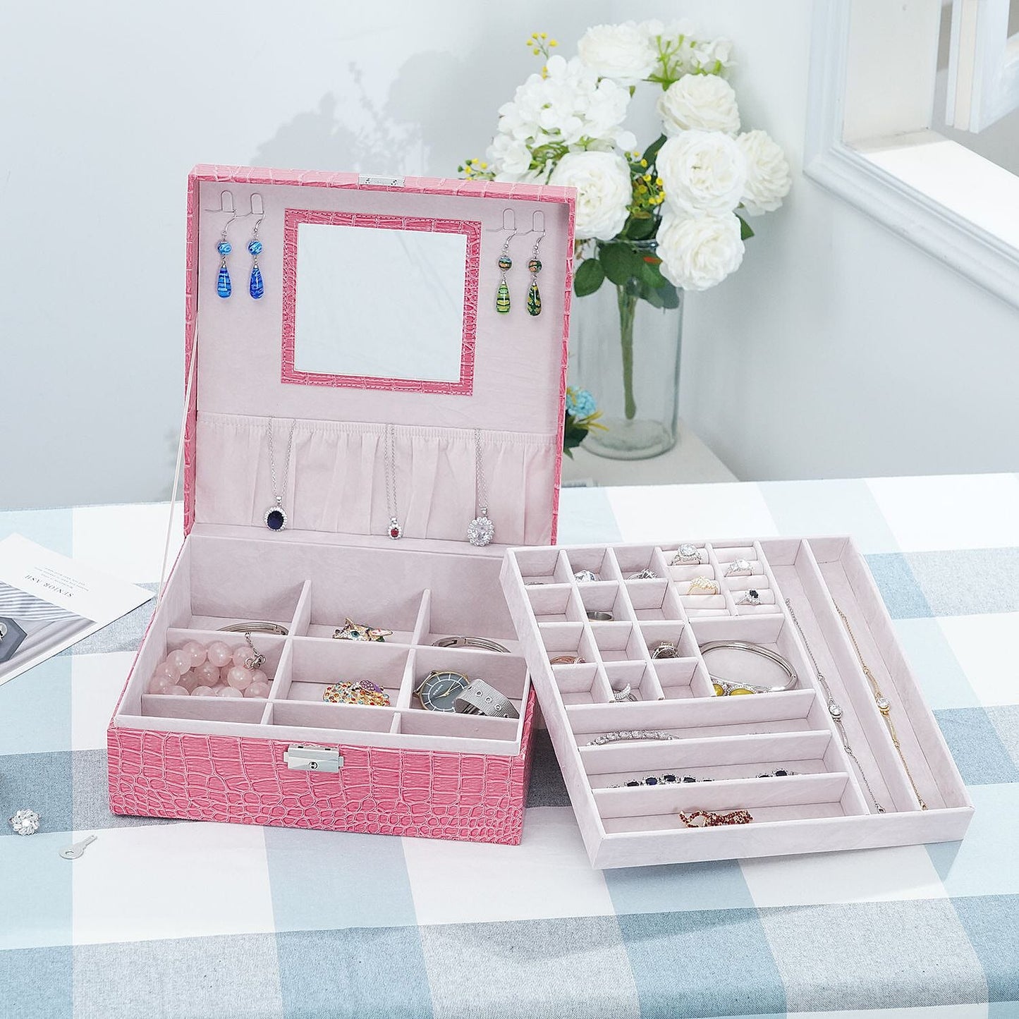 Pink Crocodile Skin Pattern 2 Layer Jewelry Box with Mirror & Lock