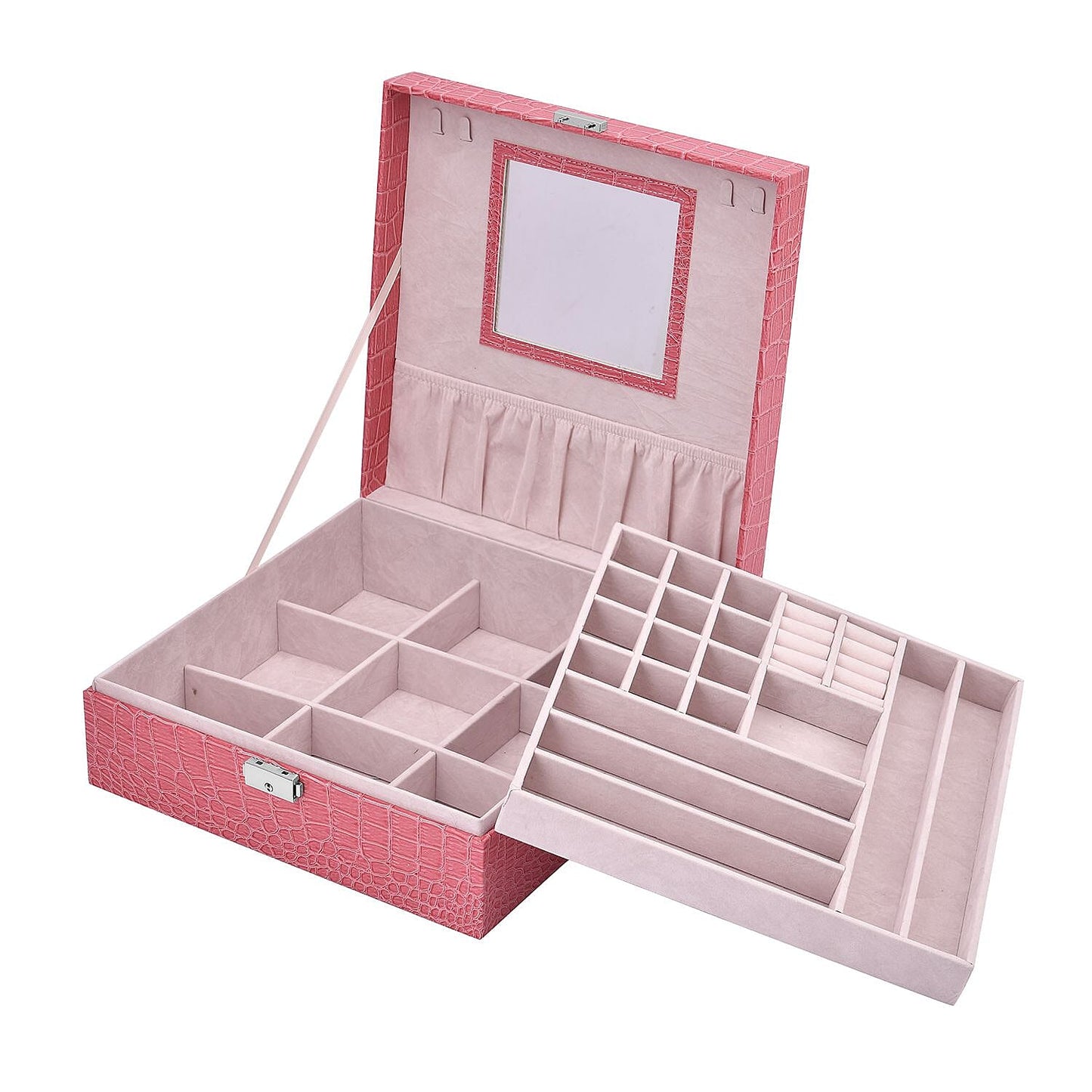 Pink Crocodile Skin Pattern 2 Layer Jewelry Box with Mirror & Lock