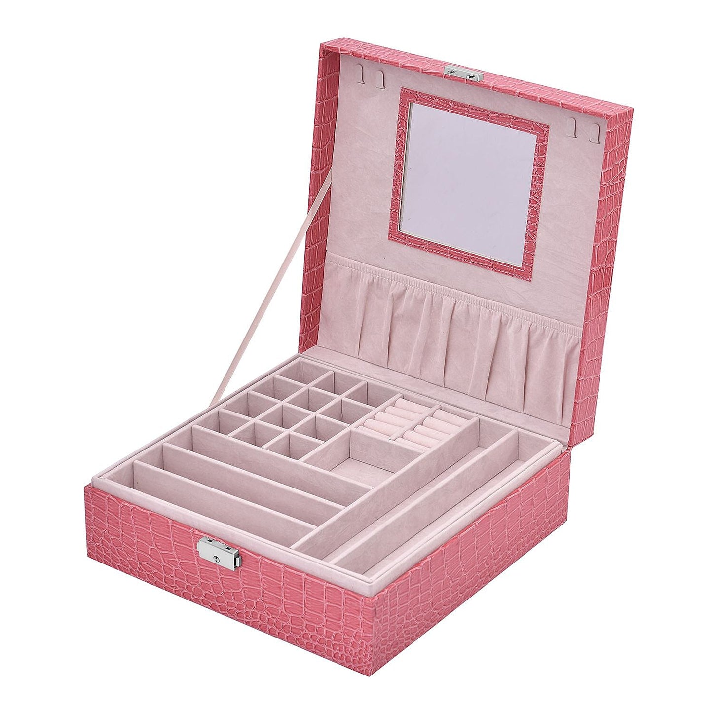 Pink Crocodile Skin Pattern 2 Layer Jewelry Box with Mirror & Lock