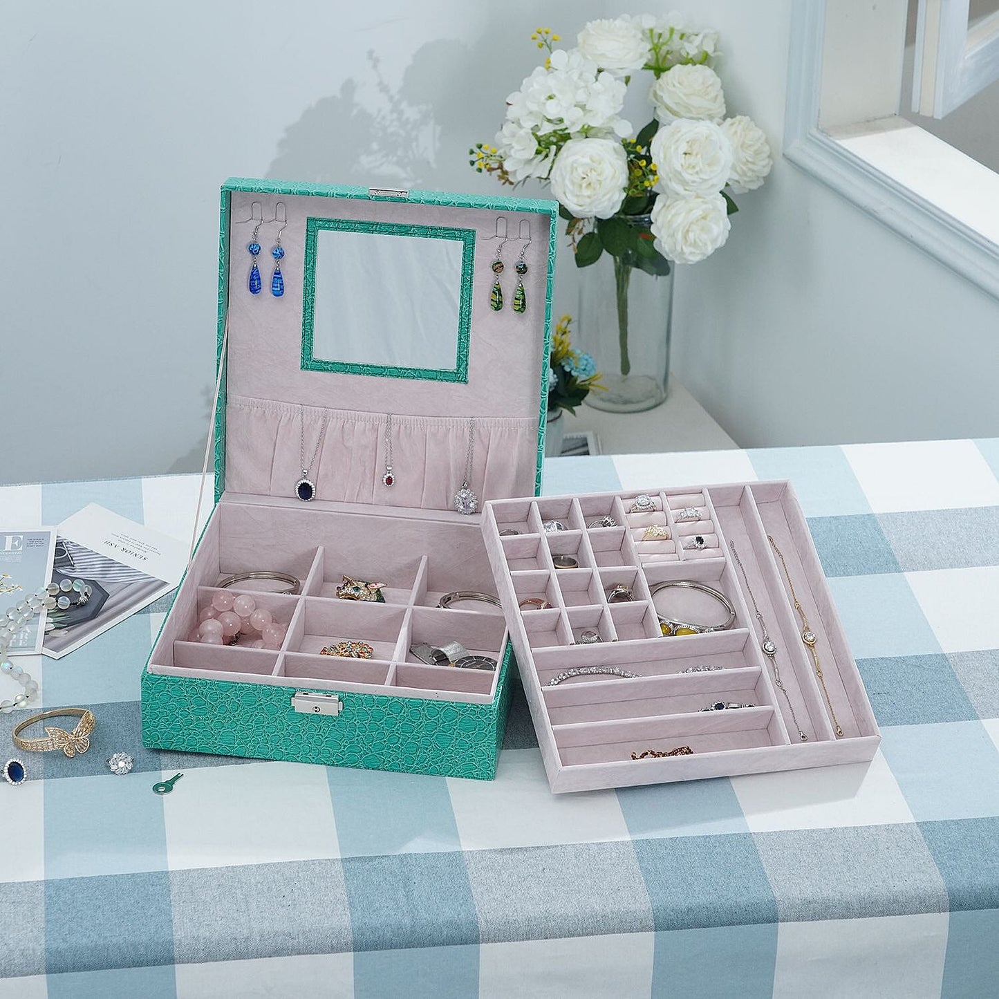 Pink Crocodile Skin Pattern 2 Layer Jewelry Box with Mirror & Lock